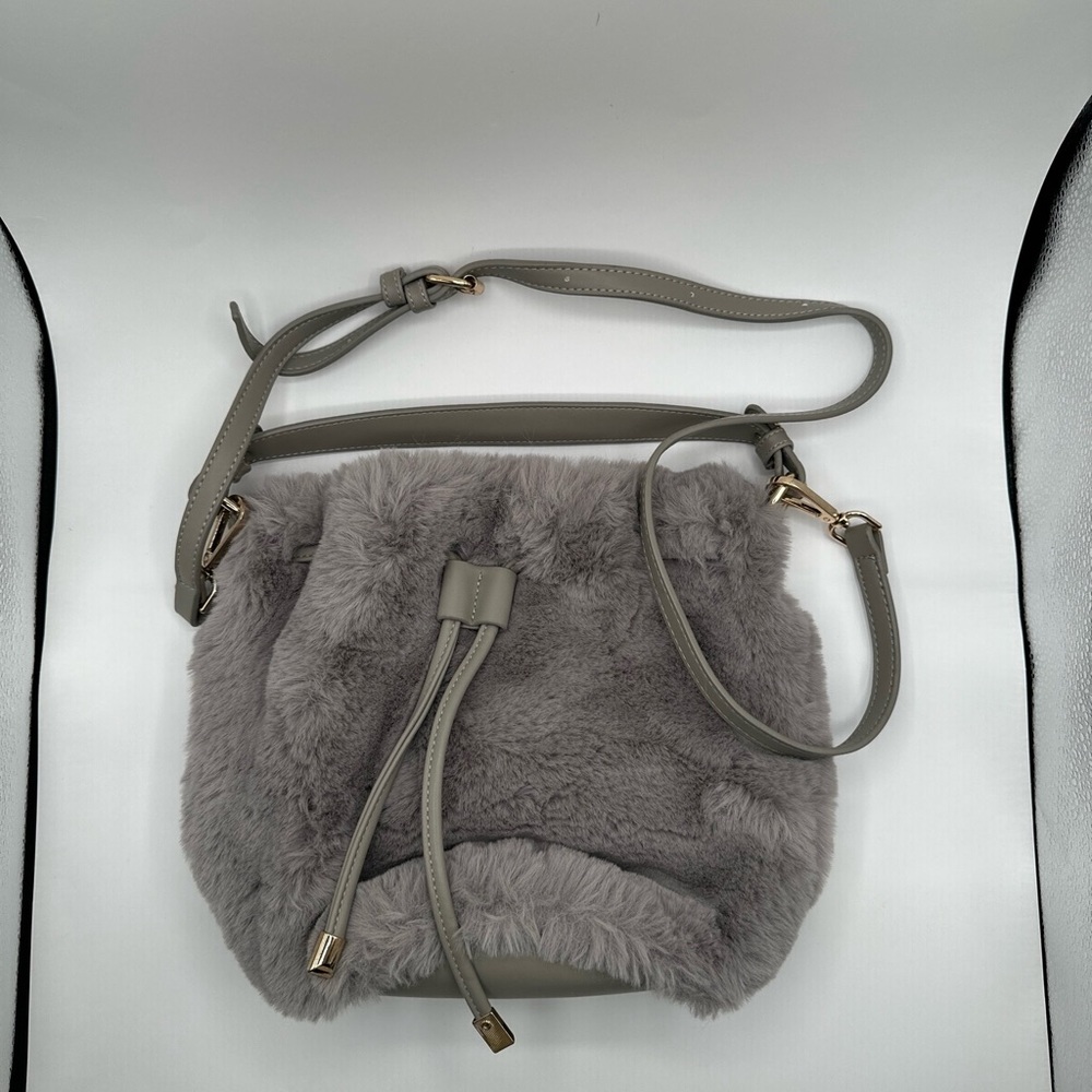Gray Furry Crossbody bucket  Bag with Adjustable Strap